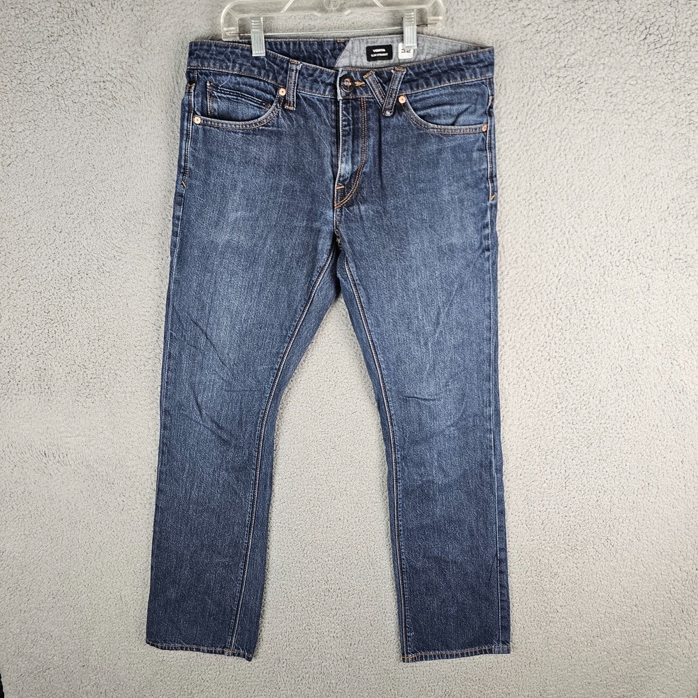 Volcom Vorta Slim Straight Jeans Mens 32 Blue Denim Stretch Low Rise Regular Fit